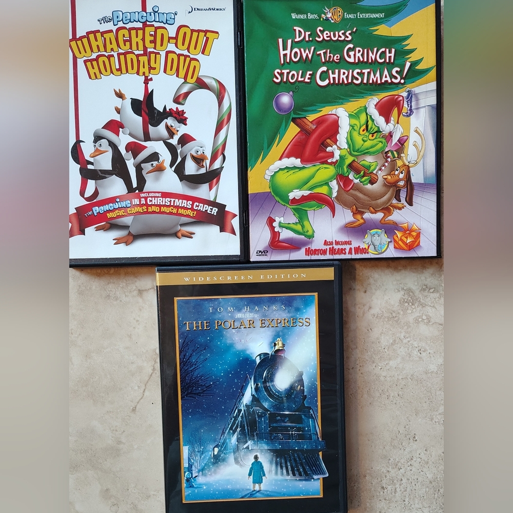 Christmas DVD Set of 3: Grinch, Polar Express & Penguins Whacked Out Holiday